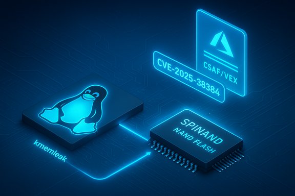 A neon Linux penguin links kmemleak to SPINAND/NAND flash, illustrating CVE-2025-38384.