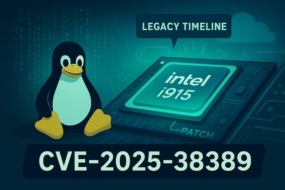 Tux the Linux penguin beside an Intel i915 chip, highlighting CVE-2025-38389.