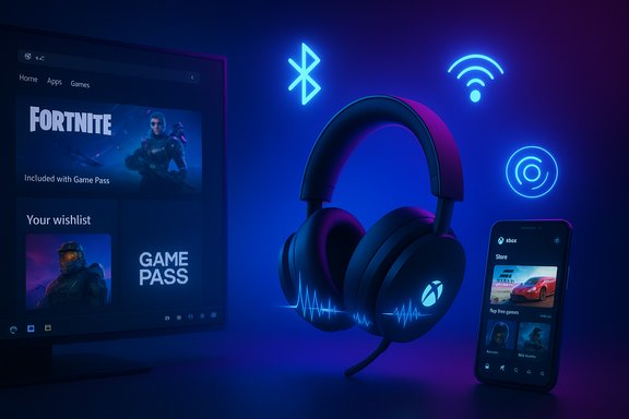 Neon blue gaming setup featuring an Xbox headset, Fortnite on the screen, and a mobile store app.