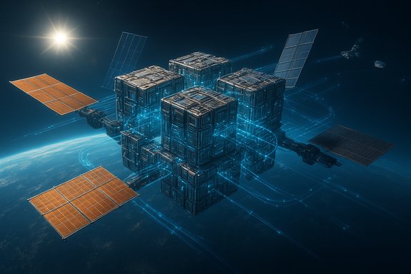 Futuristic modular space station with cube blocks and solar panels orbiting Earth.