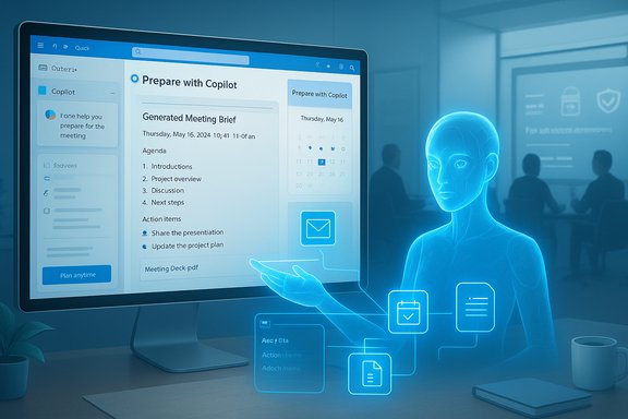 A blue holographic assistant presents a Copilot meeting brief on a large monitor.