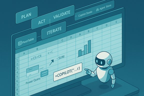 A friendly robot points at a large spreadsheet on a screen with plan, act, validate, and iterate tabs.