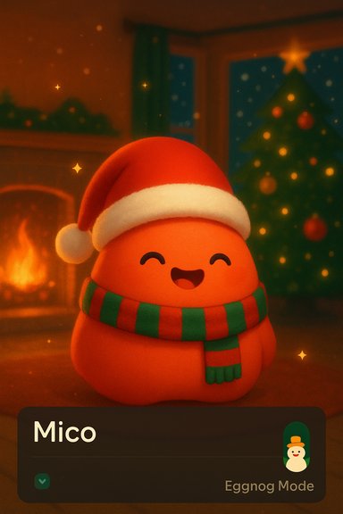 A cute orange egg character wearing a Santa hat and scarf sits in a warm, festive living room.