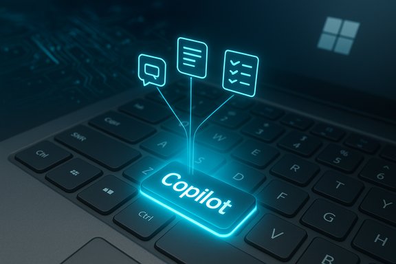 A neon-blue Copilot key glows on a laptop keyboard, with icons for chat, documents, and a checklist.
