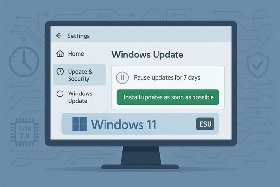 Illustration of a computer screen displaying Windows Update settings with Pause and Install options.