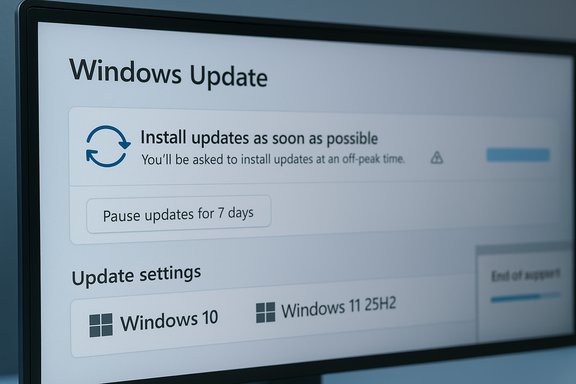 Windows Update settings screen showing install updates, pause options, and Windows version choices.
