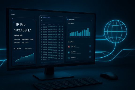 Futuristic monitor displaying network analytics and IP details with a glowing neon globe. Futuristic monitor displaying network analytics and IP details with a glowing neon globe.