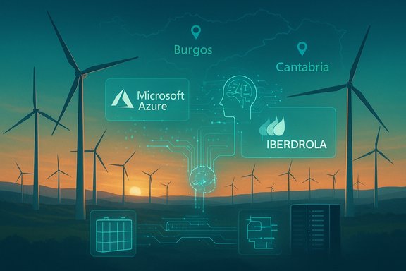 Wind turbines at sunset with a digital overlay featuring Microsoft Azure and Iberdrola.
