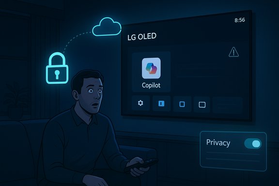 A man sits on a couch watching an LG OLED screen showing Copilot, with cloud security and a privacy toggle.