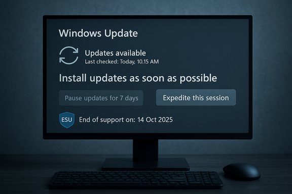 A computer monitor shows a Windows Update screen with options to pause or expedite updates.