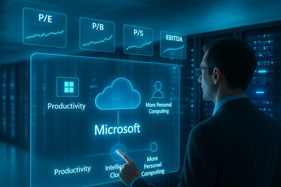 A man in a suit examines a holographic Microsoft cloud dashboard in a data center.