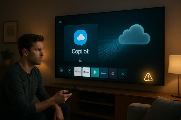 A man sits with a remote, watching a large TV screen showing the Copilot app and a cloud icon.