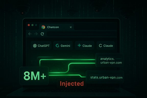 Dark cyberpunk laptop screen shows AI chat options and an 8M+ Injected data motif.