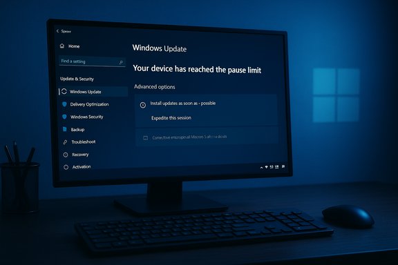 Desktop monitor displaying Windows Update: “Your device has reached the pause limit.”