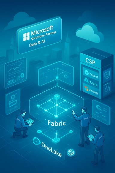 Microsoft Fabric platform with OneLake for data and AI, showcased with CSP and cloud services.