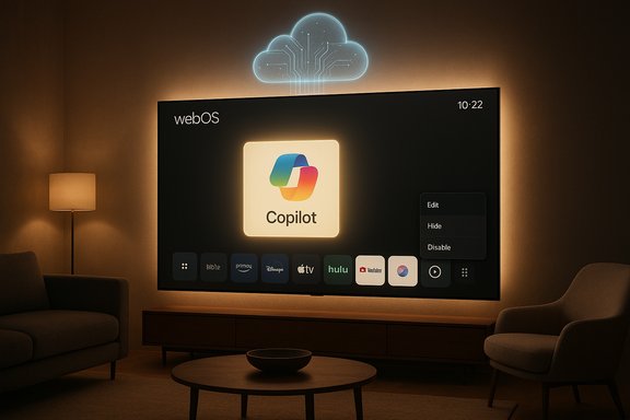 Cozy living room with a large webOS TV displaying Copilot and a glowing cloud icon above.
