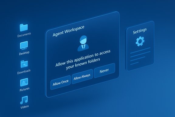 Blue 3D UI showing Agent Workspace permission prompt to access known folders, with a Settings panel.