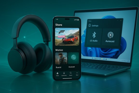 A teal-toned tech setup with over-ear headphones, a smartphone store screen, and a laptop.
