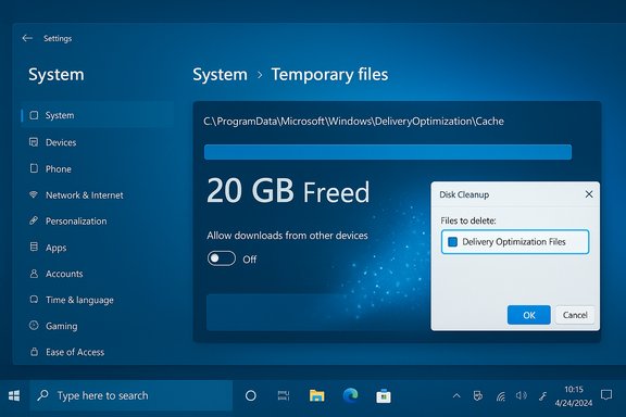 Windows 11 Settings: System > Temporary files showing 20 GB freed and a Disk Cleanup dialog.