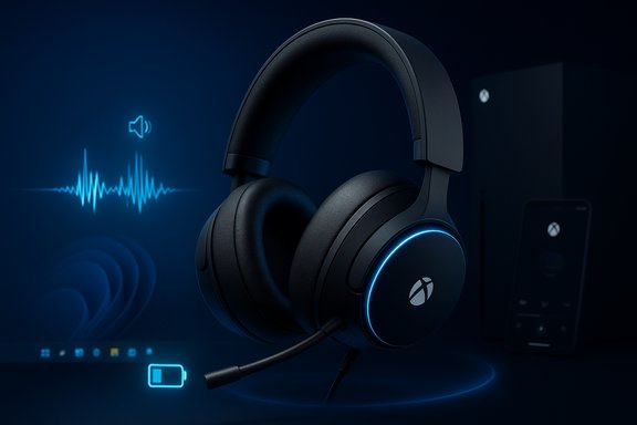 Xbox gaming headset with a blue LED ring in a dark, futuristic setup.