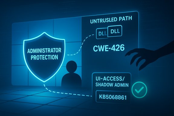 A glowing shield labeled 'Administrator Protection' blocks an untrusted DLL path on a cybersecurity interface.