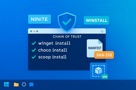 Blue illustration of a chain of trust for software installs (winget, choco, scoop) with manifest and SHA-256.