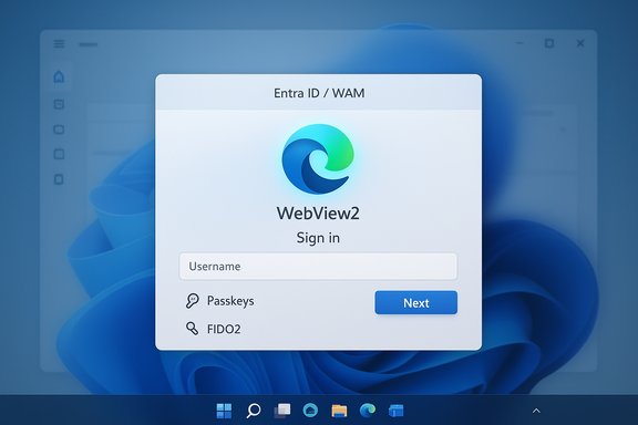 WebView2 sign-in dialog for Entra ID / WAM on Windows, with username field and Next button.