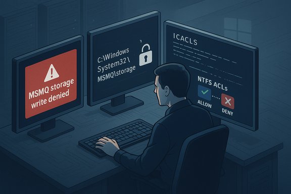A person at a three-monitor setup confronts MSMQ storage write denial and NTFS ACL prompts.