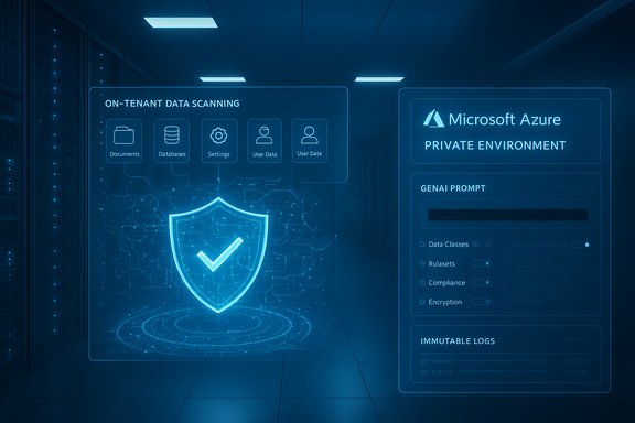 A blue holographic data-center dashboard showing on-tenant data scanning and Azure private environment.