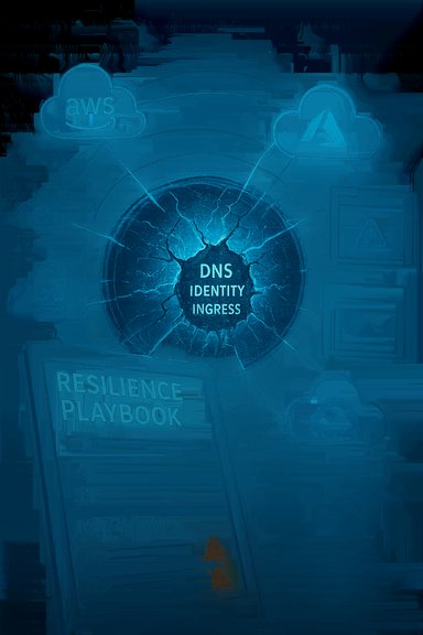Blue tech illustration of a cracked globe labeled DNS Identity Ingress linking AWS and Azure clouds.