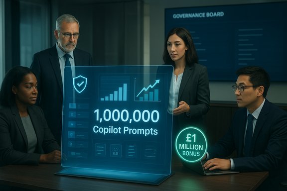 A diverse team reviews a holographic dashboard showing 1,000,000 Copilot Prompts and a £1 Million Bonus.