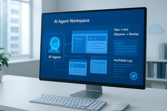 Computer monitor displays an AI Agent Workspace diagram with plan-act and observe-revise workflow.