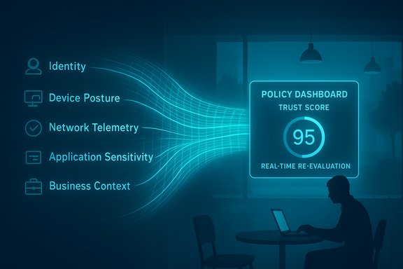 Blue, futuristic policy dashboard showing a 95 trust score with sweeping data streams.