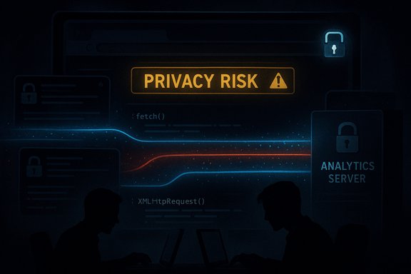 Dark tech scene showing a Privacy Risk warning as data flows between servers and analysts.