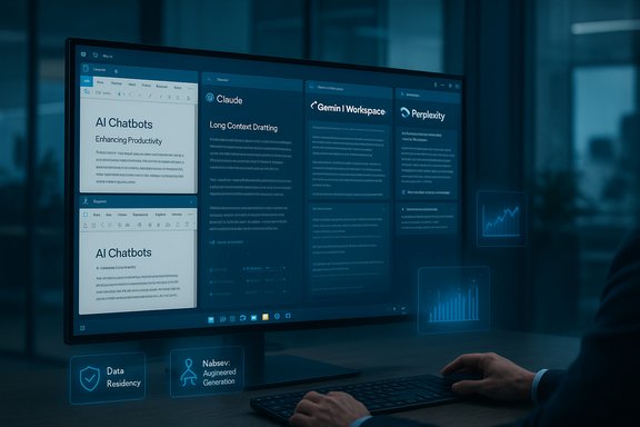 A blue-toned office scene with a large monitor showing AI dashboards and floating data icons.