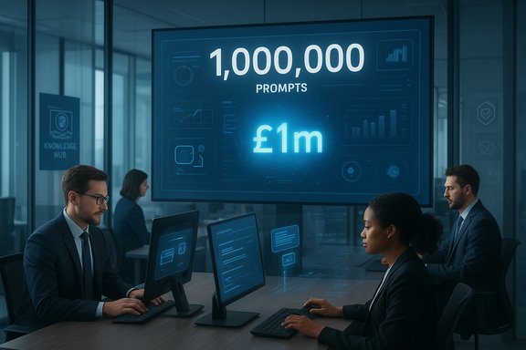 A team of professionals in a high-tech office reviews a large screen displaying 1,000,000 prompts and £1m.