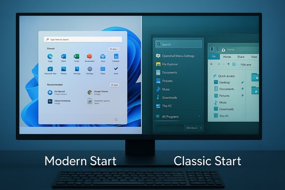 A monitor split to show Modern Start (left) and Classic Start (right) menus.