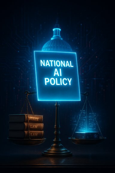 A scale balances law books against a glowing server under a National AI Policy sign.