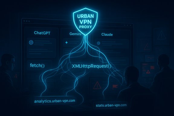A neon blue shield labeled 'URBAN VPN PROXY' floats above streaming code and URLs.