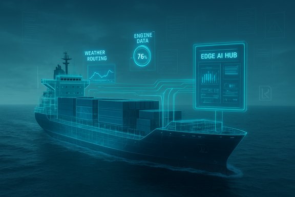 Cargo ship with holographic data panels showing weather routing and engine data.