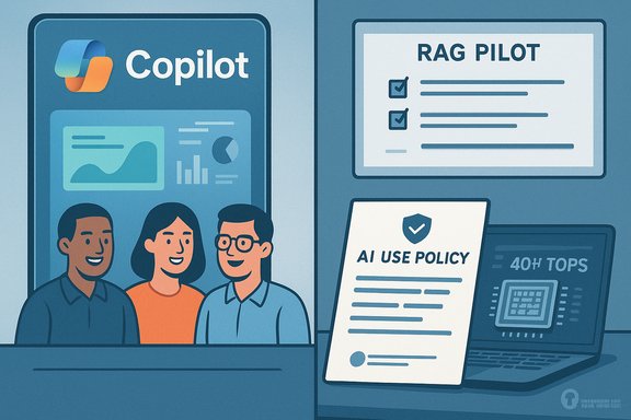 Three people stand beside a Copilot dashboard, with a RAG PILOT screen and AI Use Policy on a laptop.