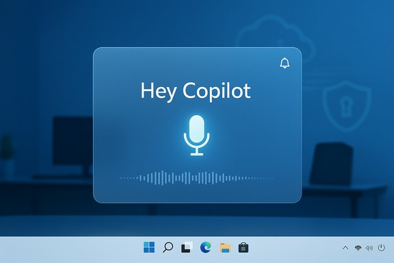 A blue UI card reads 'Hey Copilot' with a glowing microphone icon in a modern office. A blue UI card reads 'Hey Copilot' with a glowing microphone icon in a modern office.
