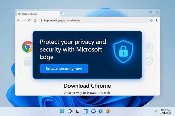 Windows desktop showing a Chrome window with a large Microsoft Edge privacy banner.