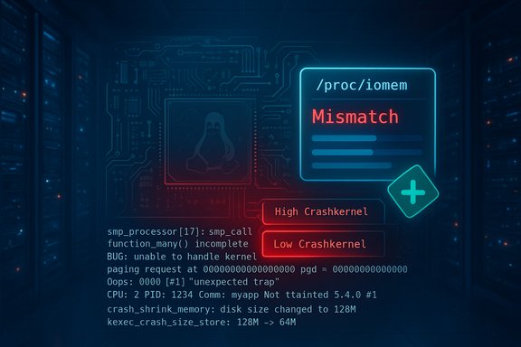 Neon blue server scene with a prominent “Mismatch” error and crashkernel options. Neon blue server scene with a prominent “Mismatch” error and crashkernel options.