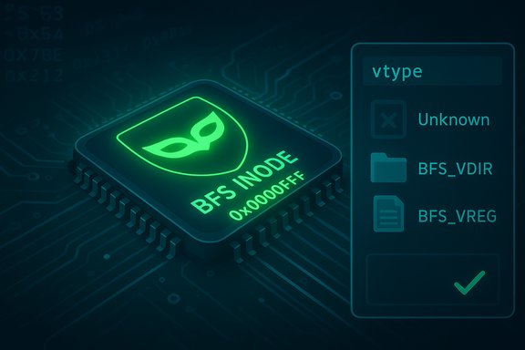 Glowing BFS inode chip on a circuit board with a UI panel listing inode types.