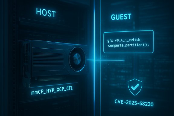 Blue neon data center rack labeled HOST and GUEST, showing virtualization code and a CVE shield.