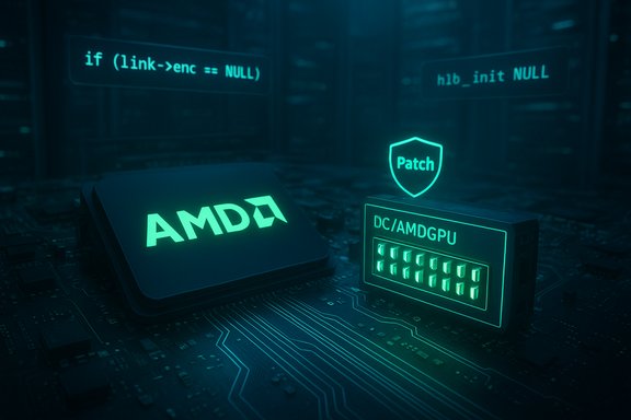 A glowing AMD chip on a circuit board, with a neon 'Patch' shield and DC/AMDGPU module.