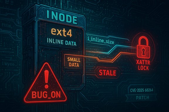 A futuristic node labeled ext4 inline data with a bug_on warning and an XATTR lock on circuitry.
