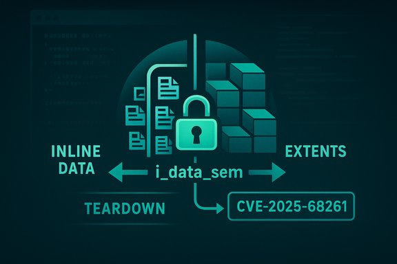 Cybersecurity infographic showing data and extents, with a CVE-2025-68261 teardown.
