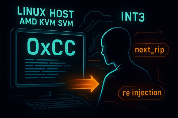Neon cyberpunk illustration of a Linux host under code injection, highlighting 0xCC, next_rip, and re-injection.